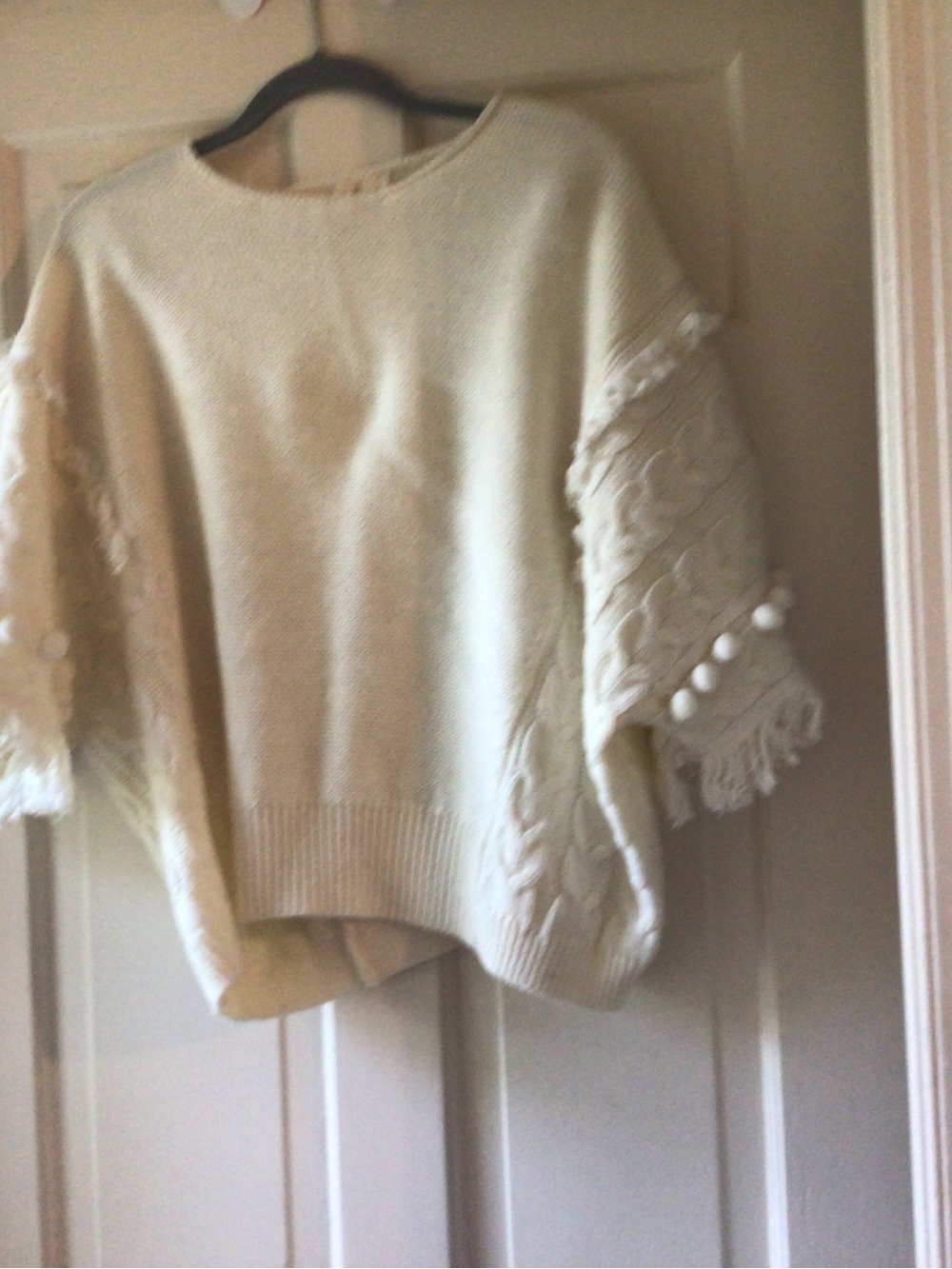 Anthropologie Cream Pom-Pom Fringe Sleeve Crewneck Sweater